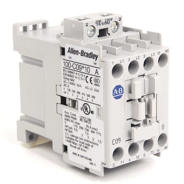 100-C09D10 Allen-Bradley Contactor Tripolar 9A Bobina 120VAC Contactor tripolar de potencia de 9 Amperios Allen-Bradley 100-C09D10 con bobina a 110/120VAC. 100-C16D10 100-C23D10 100-C30D10 100-C37D10 100-C43D10 100-C60D10 100-C85D10 100-C09EJ10 100-C16EJ10 100-C23EJ10