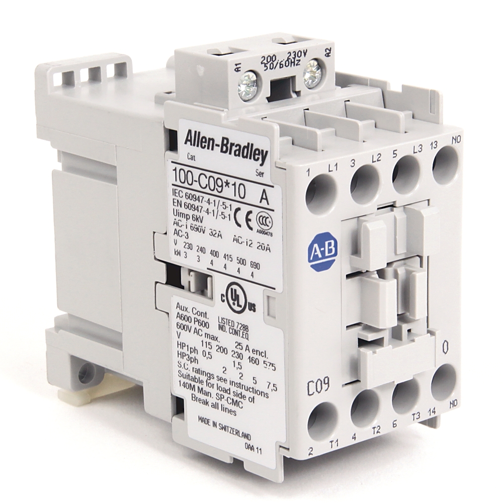 Contactor tripolar de potencia de 9 Amperios Allen-Bradley 100-C09D10 con bobina a 110/120VAC. 100-C16D10 100-C23D10 100-C30D10 100-C37D10 100-C43D10 100-C60D10 100-C85D10 100-C09EJ10 100-C16EJ10 100-C23EJ10