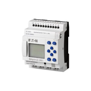 Relé de control programable inteligente Eaton EASY-E4-UC-12RC1 con pantalla LCD y puerto Ethernet.