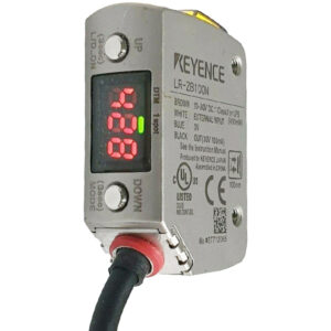 Sensor láser de distancia industrial Keyence LR-ZB100N en carcasa de acero inoxidable para ambientes exigentes.